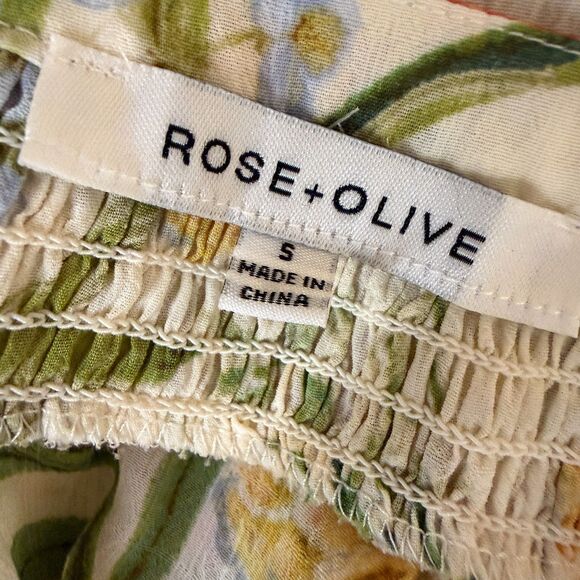 Rose + Olive Smocked Blouse Shirt Top Floral Print Beige Yellow S - Picture 5 of 7